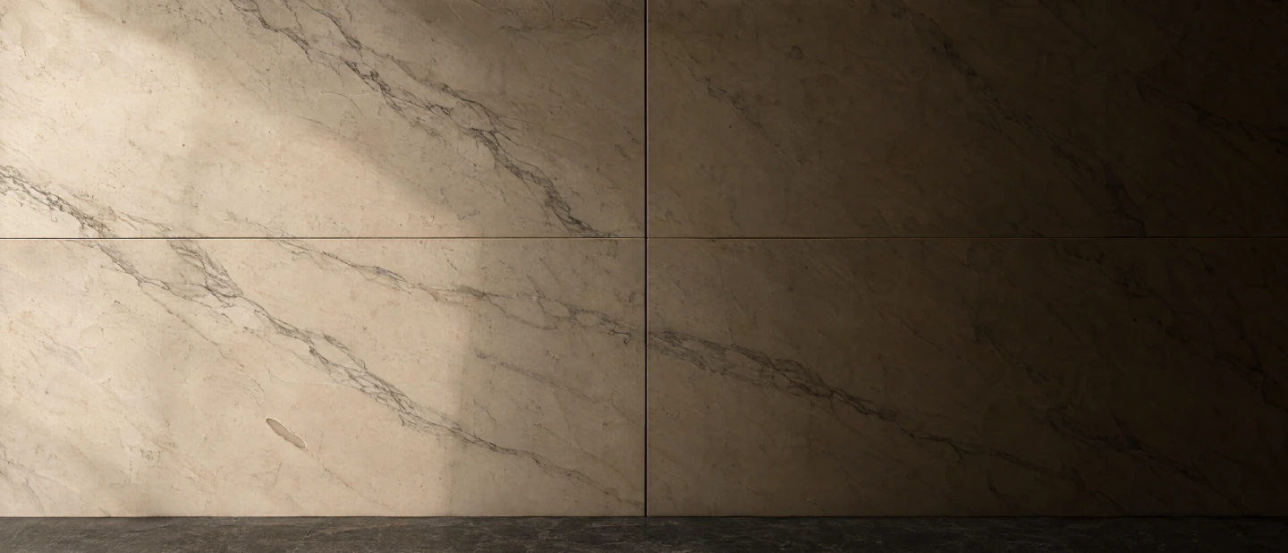 A wall of honed cream marble with soft grey veining, lit from one side so the grain and the joints read across it.