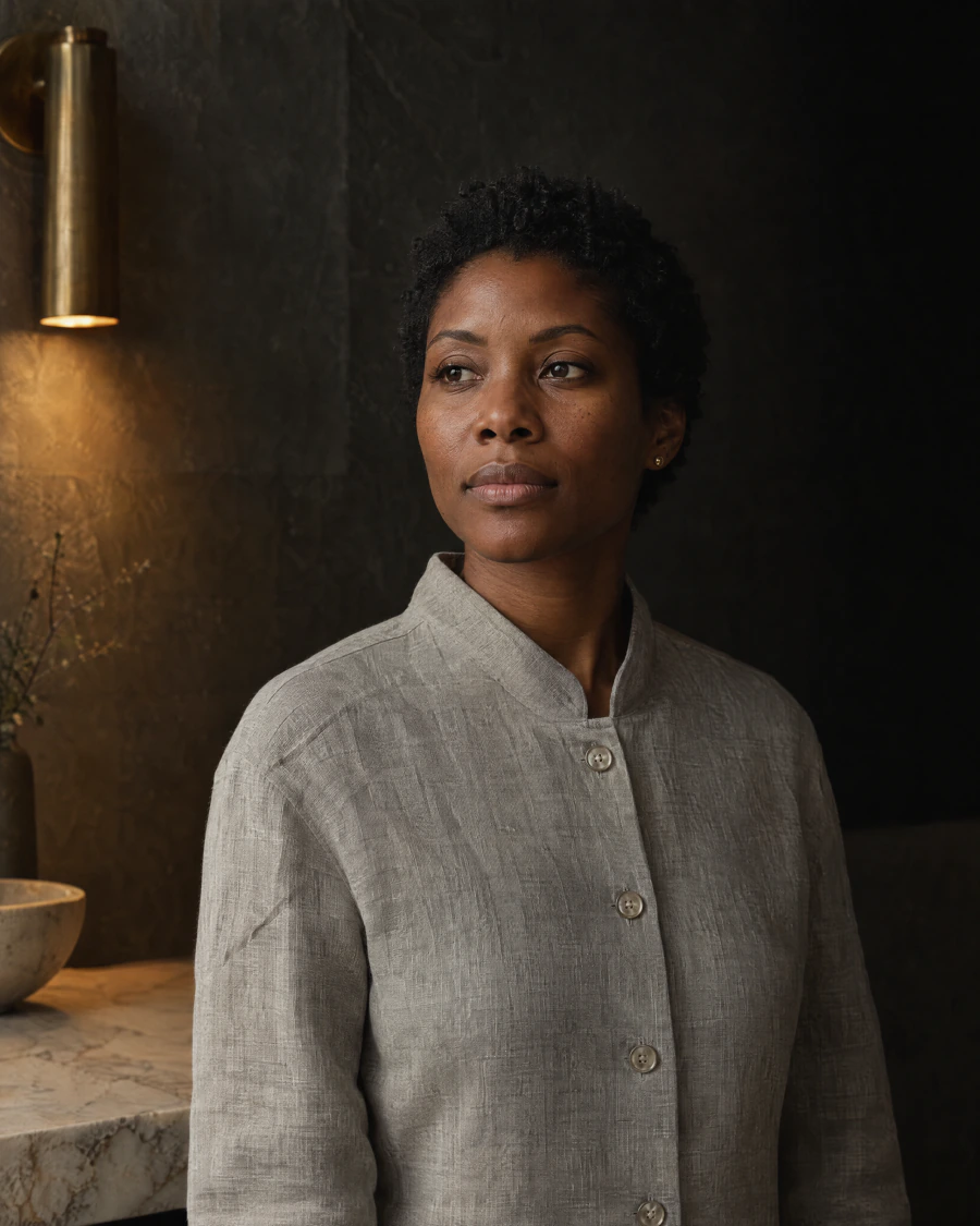 A practitioner in a stone grey linen coat stands in a dark stone room, calm, looking just past the camera.