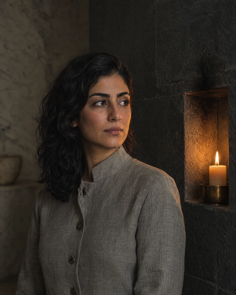 A practitioner in a stone grey linen coat stands beside a lit candle set into a niche in the stone wall.