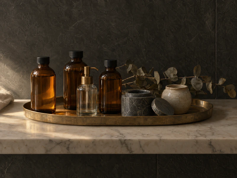 Unlabelled amber and clear glass bottles and a stone jar stand on an aged brass tray on a honed marble shelf.