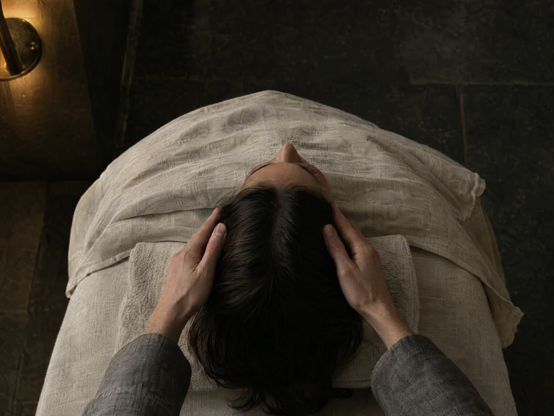 Seen from above the crown of the head, a practitioner's hands rest at a guest's temples, her shoulders covered by a cream linen sheet.