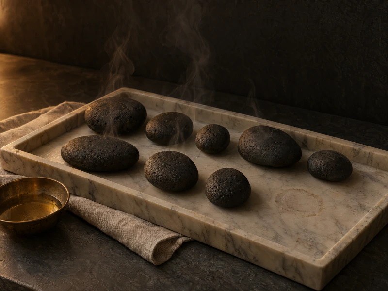 Warm dark basalt stones laid out on a honed marble tray, thin steam lifting off them beside a brass dish of oil.