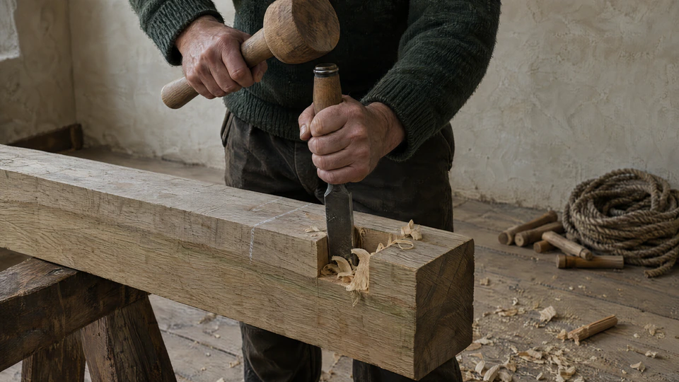 A framer's hands drive a chisel into a green oak beam with a wooden mallet, pale oak shavings curling out of the cut.