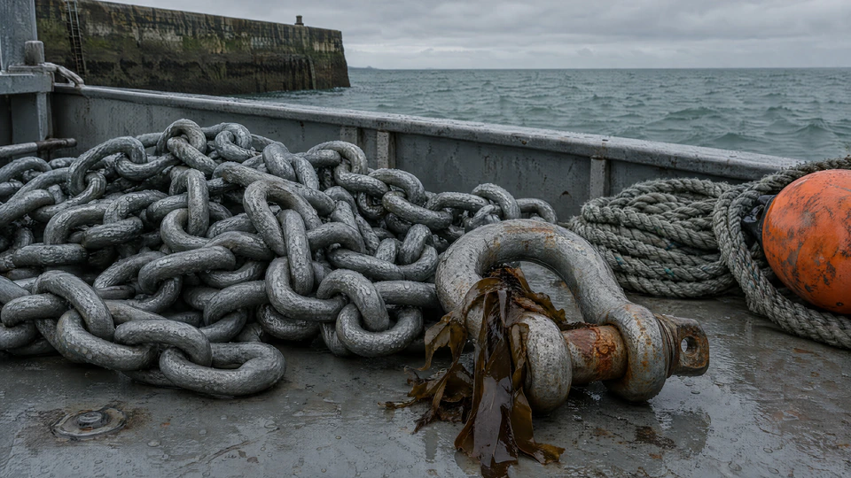 Heavy galvanised mooring chain and a rusted shackle with kelp caught on it, on the wet deck of a workboat beside a harbour wall.