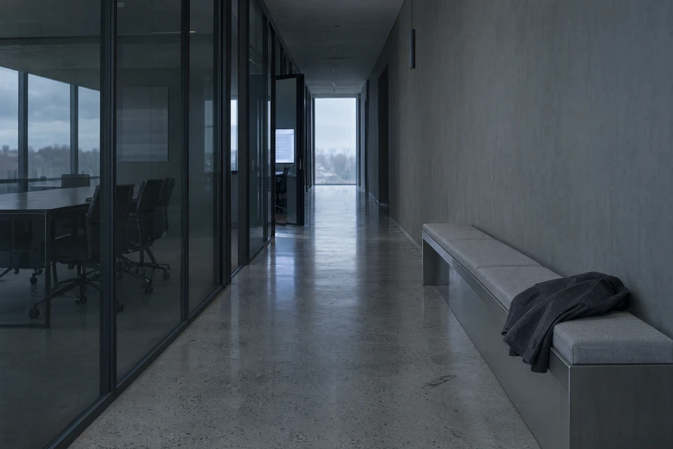 An empty glass-walled corridor in flat morning light, polished concrete floor and a brushed metal bench with a jacket left on it.