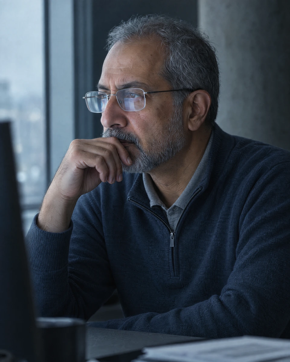 A Middle Eastern man in his late fifties with a grey beard reads something off frame, his face lit cool by a screen.