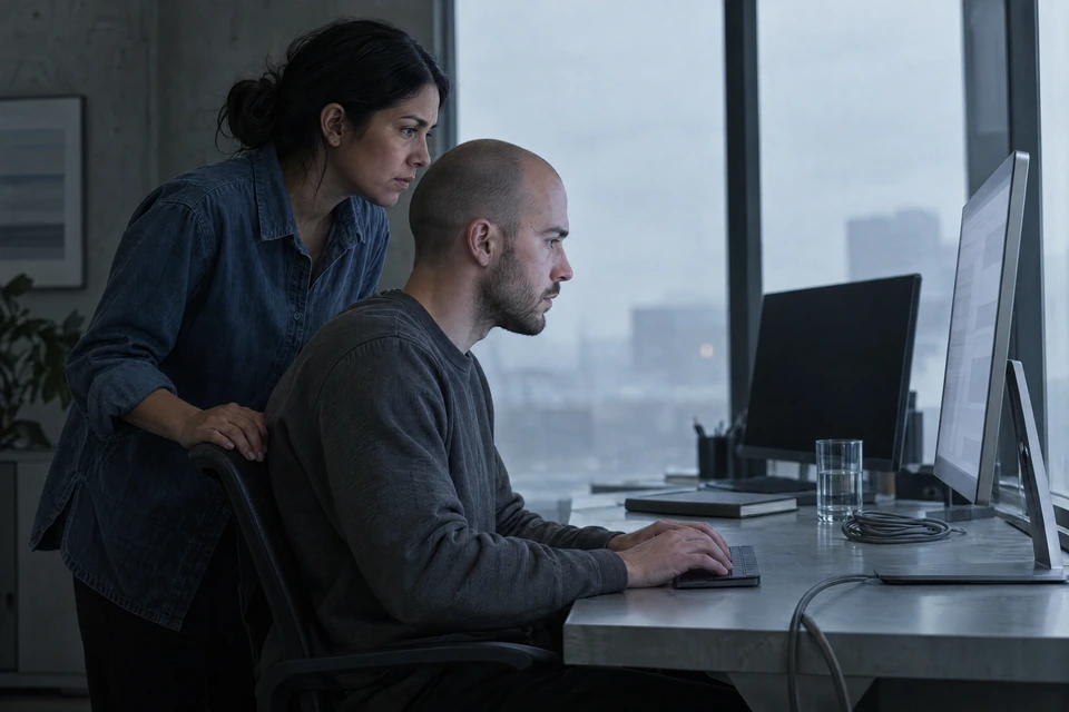 Two colleagues lean in at one monitor in a dim room, the screen showing only soft pale grey shapes.