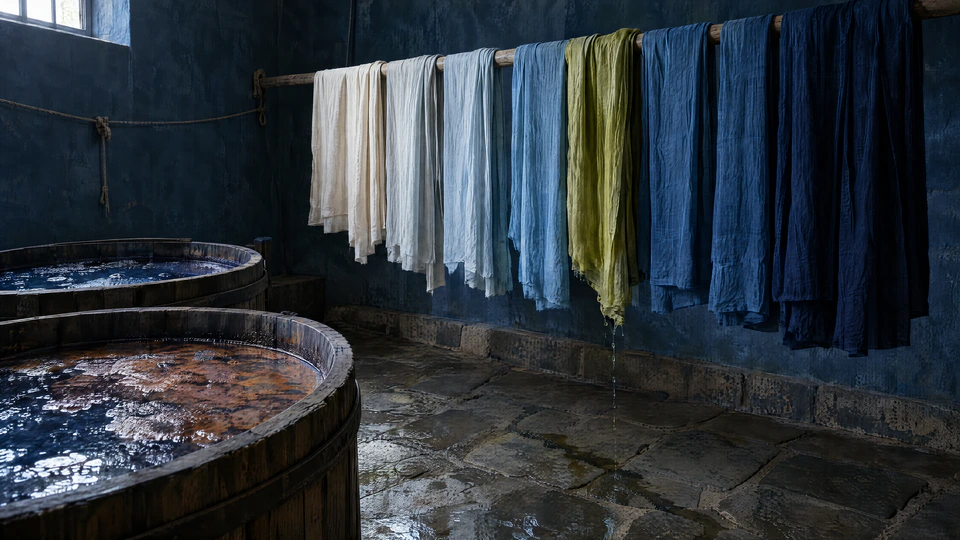 Lengths of linen hang from a pole in graded blues beside two indigo vats, one fresh yellow green length dripping onto wet flagstones.